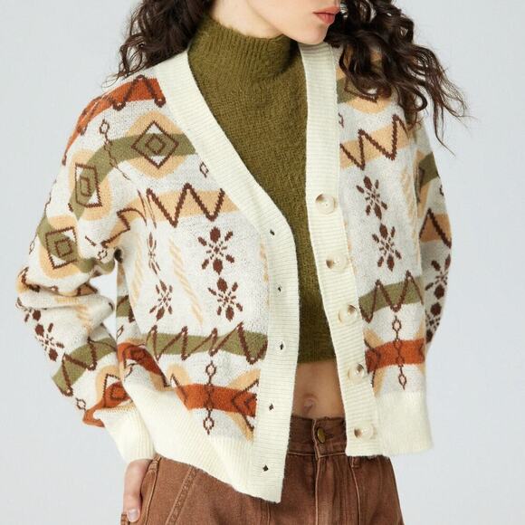 Cider‎ Size S Aztek Button Front Cardigan Sweater Fall Soft V-Neck geometric - Picture 3 of 10